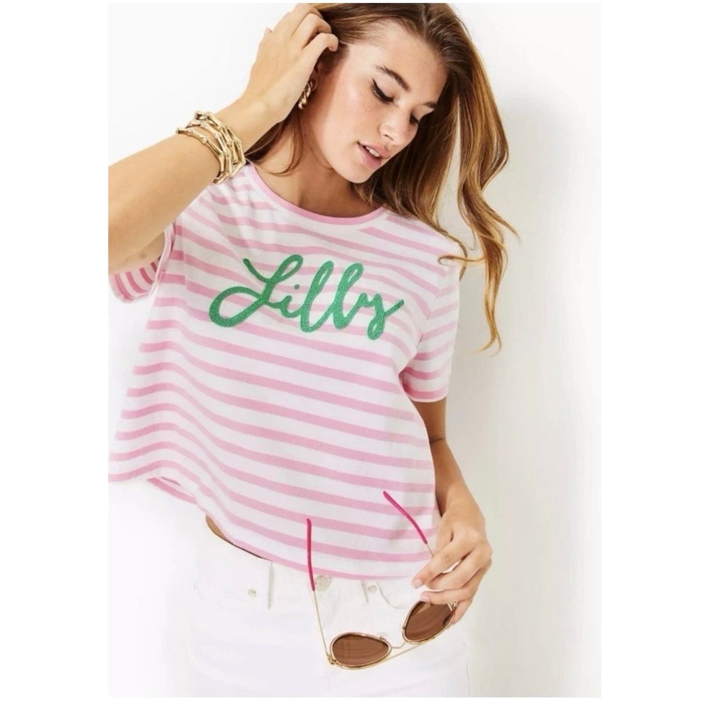 Lilly Pulitzer Keenan Knit Top Large Pink New Striped Short Sleeve Logo Tee